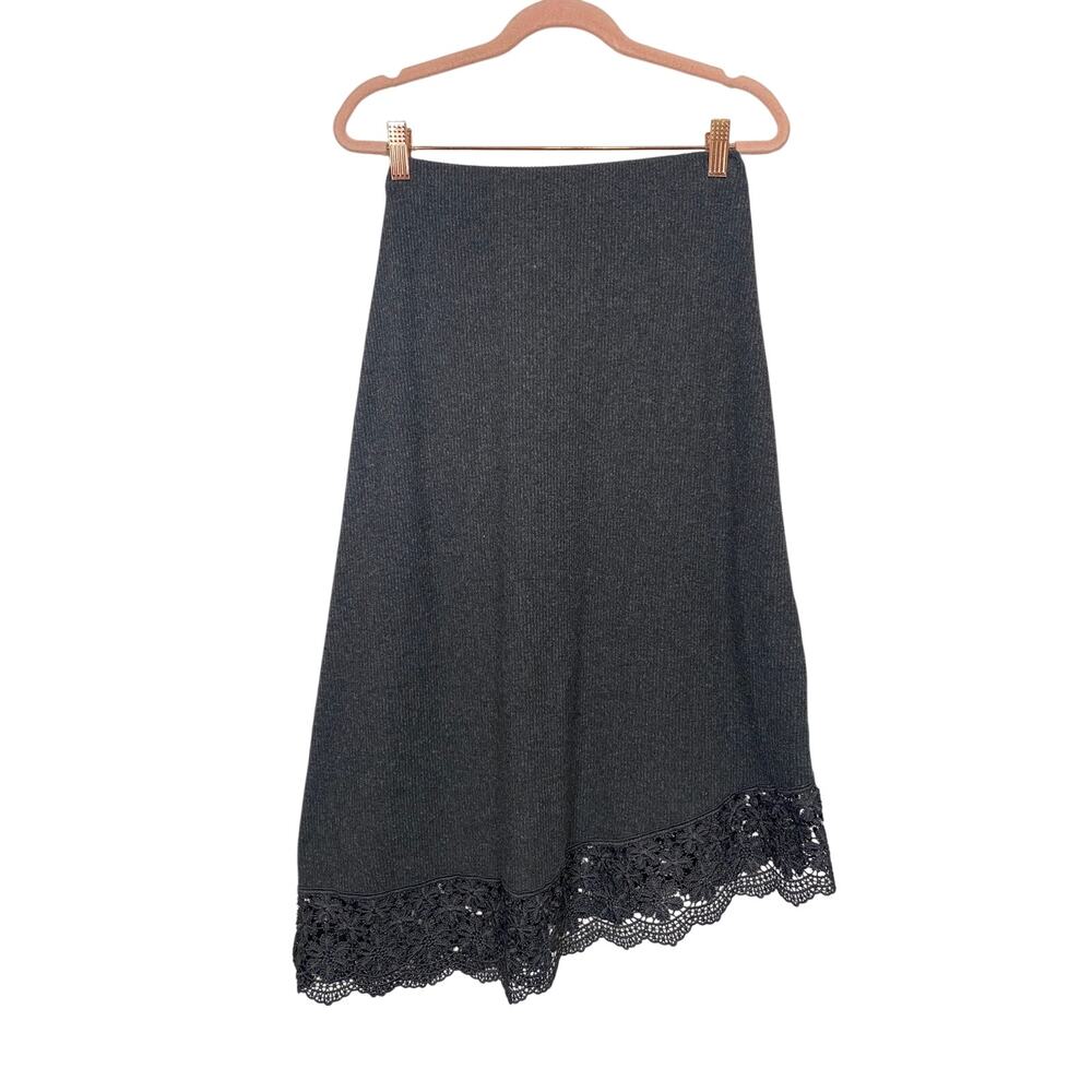 Zara Soft Fabric Knit Midi Skirt Lace Trim asymmetrical hem Gray Size L